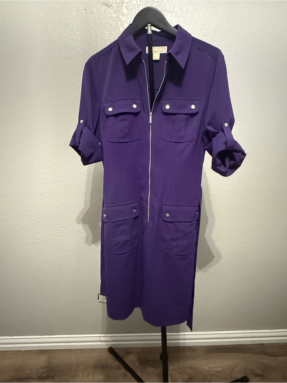 Michael Kors Purple Zip-Front Shirt Midi Dress